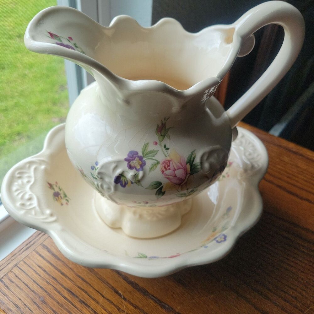 Vtg 1930s British Ceramic Pitcher & Wash Basin Bowl Set Floral Rose Art Deco Era - Picture 16 of 16